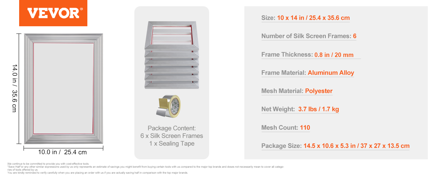 VEVOR screen printing kit. size: 10x14 in, 6 aluminum frames, polyester mesh, 110 mesh count, and sealing tape.