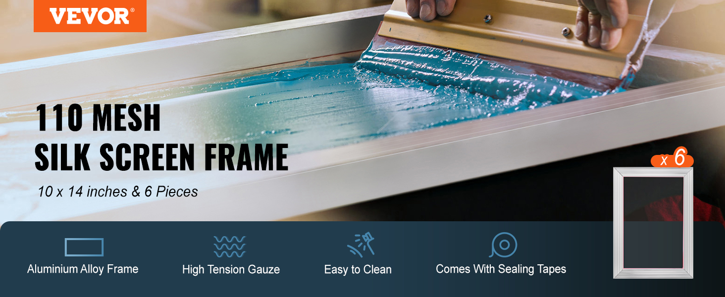 VEVOR screen printing kit with 110 mesh silk screen frame, aluminum alloy, high tension gauze, and sealing tapes.