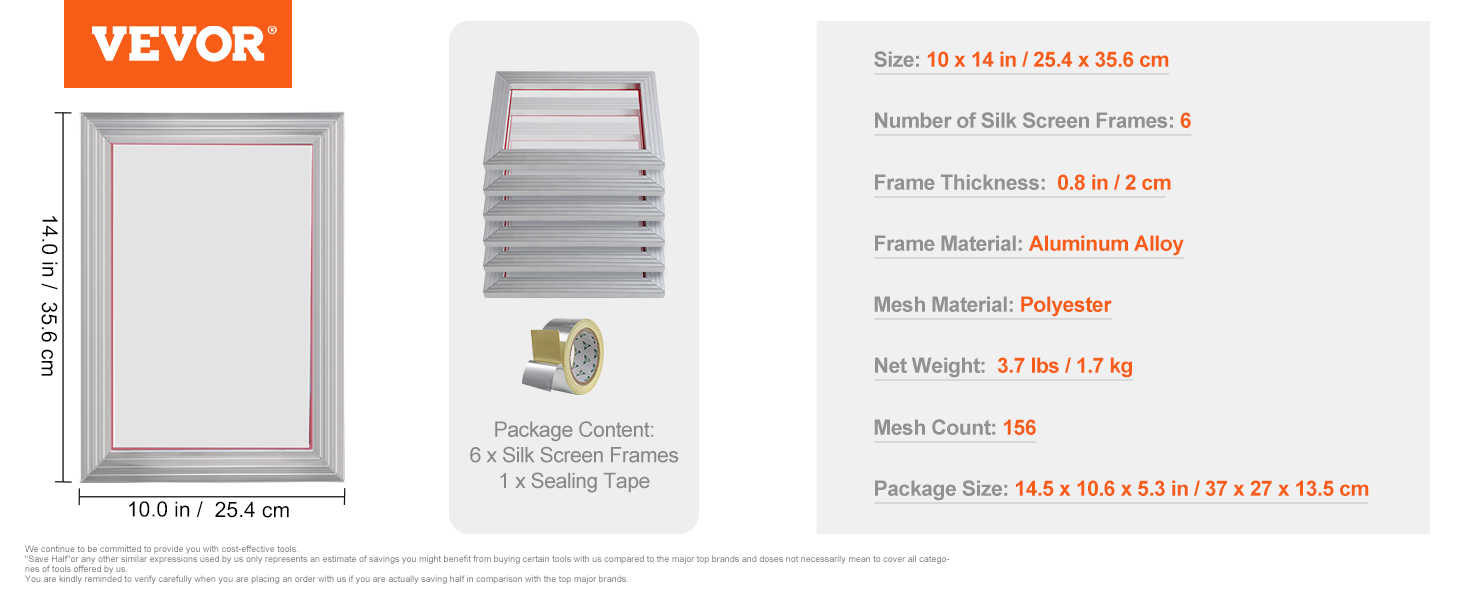 VEVOR screen printing kit with 6 aluminum alloy frames, polyester mesh, and sealing tape, 156 mesh count, 10x14in.