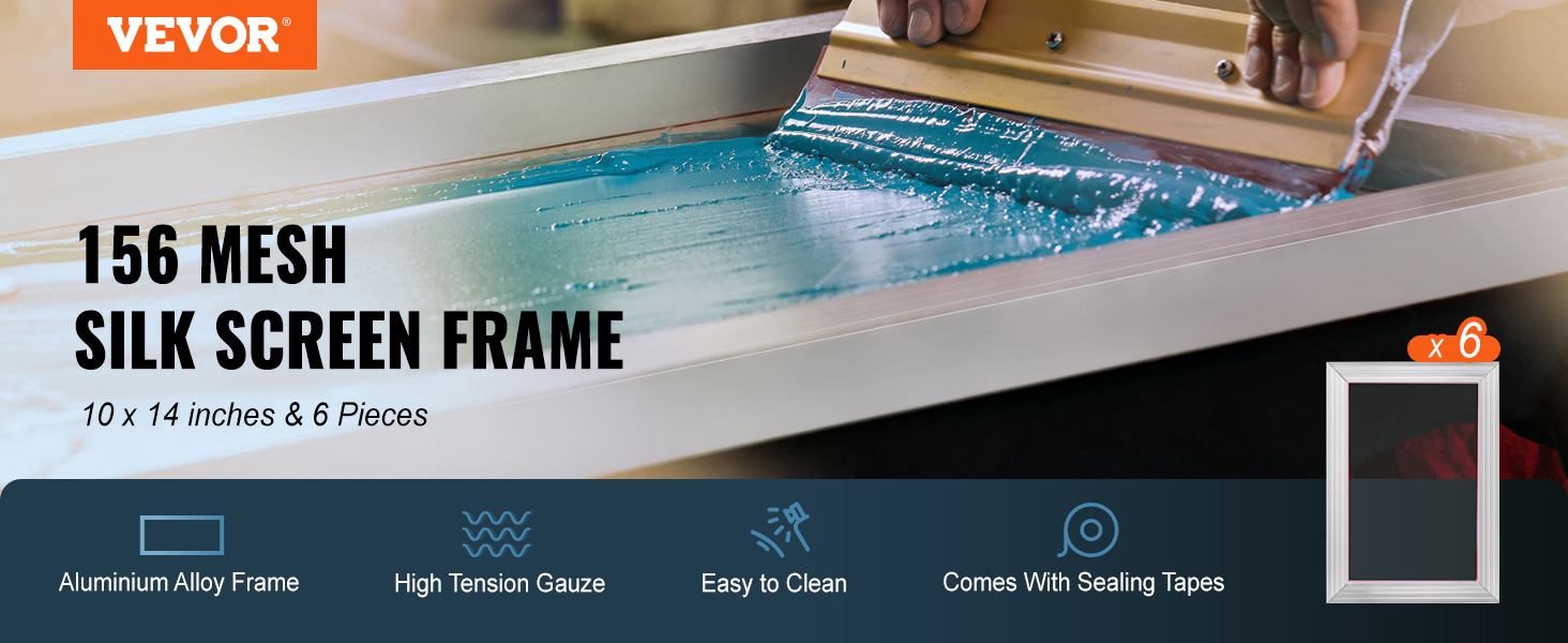 VEVOR screen printing kit with 156 mesh silk screen frame, 10x14 inches, aluminum alloy, 6 pieces.