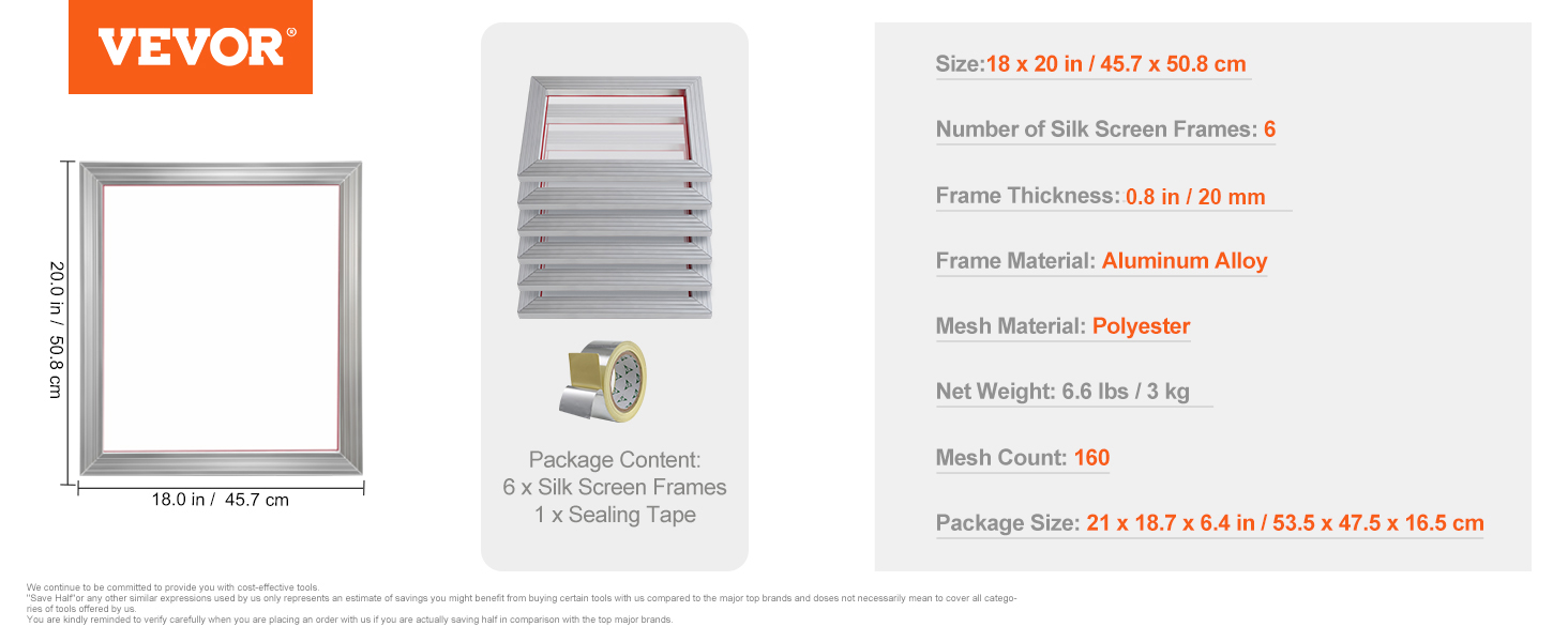 VEVOR screen printing kit with 6 aluminum alloy frames, polyester mesh, and sealing tape included.