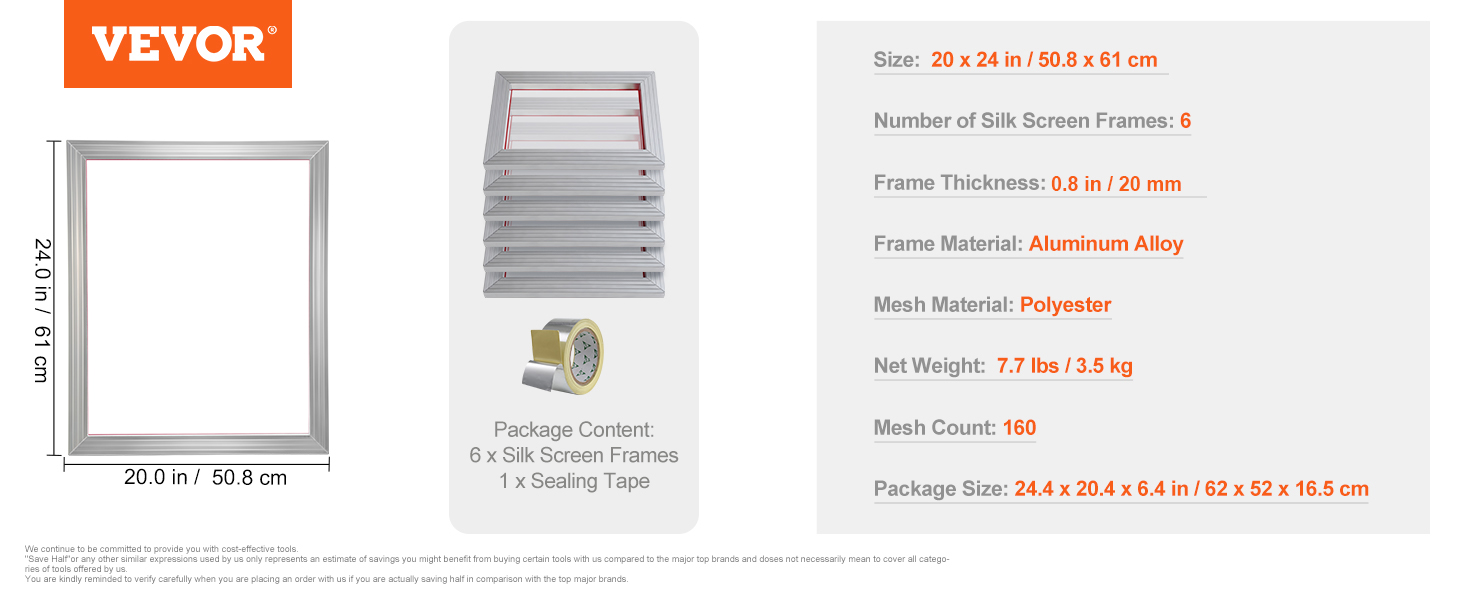 VEVOR screen printing kit: 6 polyester mesh aluminum alloy frames, 20x24 in, mesh count 160.