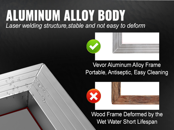 aluminum alloy frame from VEVOR screen printing kit, waterproof, stable, and easy to clean, compared to wood frame.