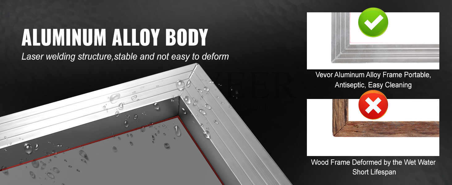 aluminum alloy frame from VEVOR screen printing kit, waterproof, stable, and easy to clean, compared to wood frame.