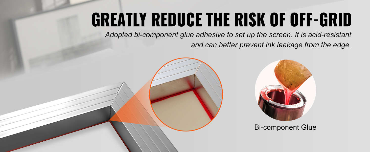 VEVOR screen printing kit with acid-resistant bi-component glue for reduced ink leakage.