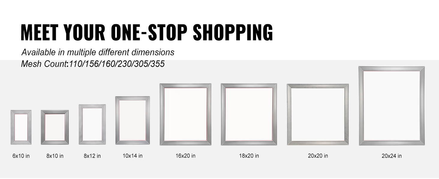 various sizes of aluminum frames for screen printing with mesh counts from 110 to 355 for VEVOR screen printing kit.