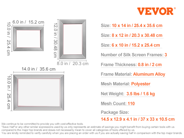 VEVOR screen printing kit includes three aluminum frames measuring 10x14, 8x12, and 6x10 inches.