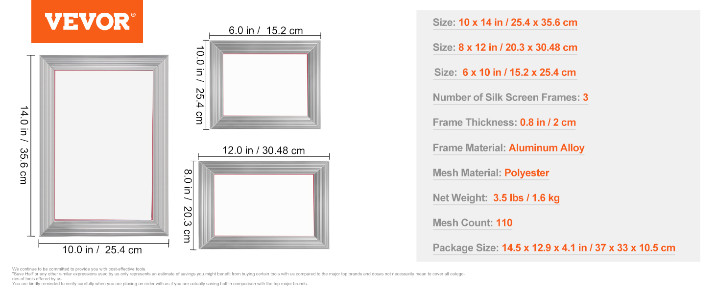 VEVOR screen printing kit includes three aluminum frames measuring 10x14, 8x12, and 6x10 inches.