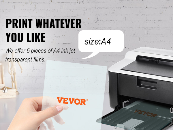 Набор для трафаретной печати VEVOR, демонстрирующий прозрачные пленки для струйной печати формата а4 на принтере, письменный стол с принадлежностями для рисования.