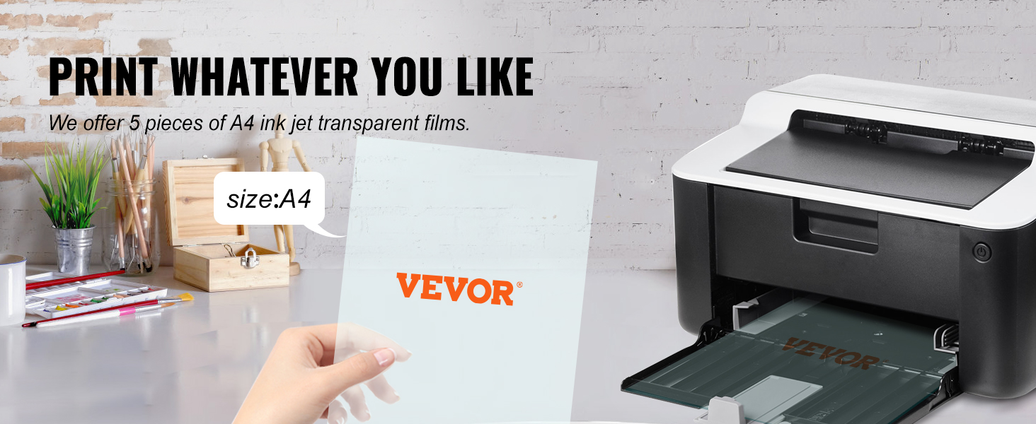 Набор для трафаретной печати VEVOR, демонстрирующий прозрачные пленки для струйной печати формата а4 на принтере, письменный стол с принадлежностями для рисования.