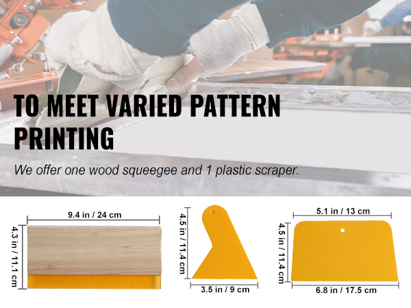 Набор для трафаретной печати VEVOR включает в себя деревянный ракель и два пластиковых скребка для нанесения разнообразного рисунка.