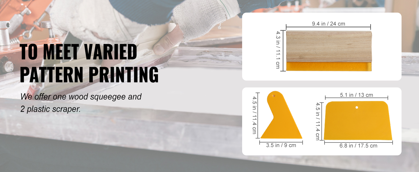 Набор для трафаретной печати VEVOR включает в себя деревянный ракель и два пластиковых скребка для нанесения разнообразного рисунка.