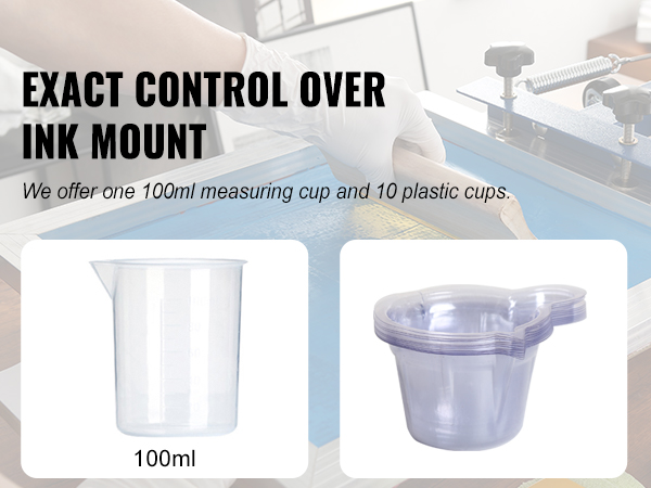 Набор для трафаретной печати VEVOR включает в себя мерный стаканчик объемом 100 мл и 10 пластиковых стаканчиков для точного контроля чернил.