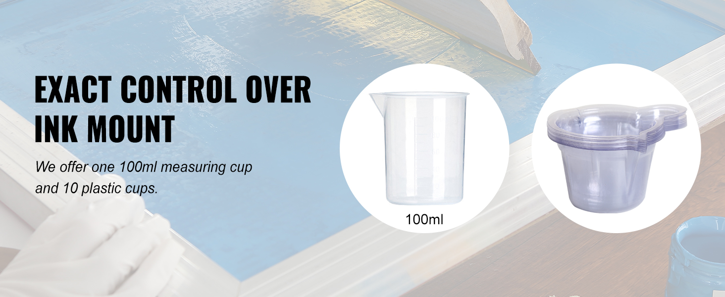 Набор для трафаретной печати VEVOR включает в себя мерный стаканчик объемом 100 мл и 10 пластиковых стаканчиков для точного контроля чернил.