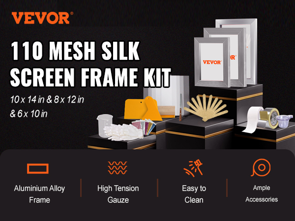 VEVOR screen printing kit with 110 mesh silk screens, aluminum alloy frames, and ample accessories.