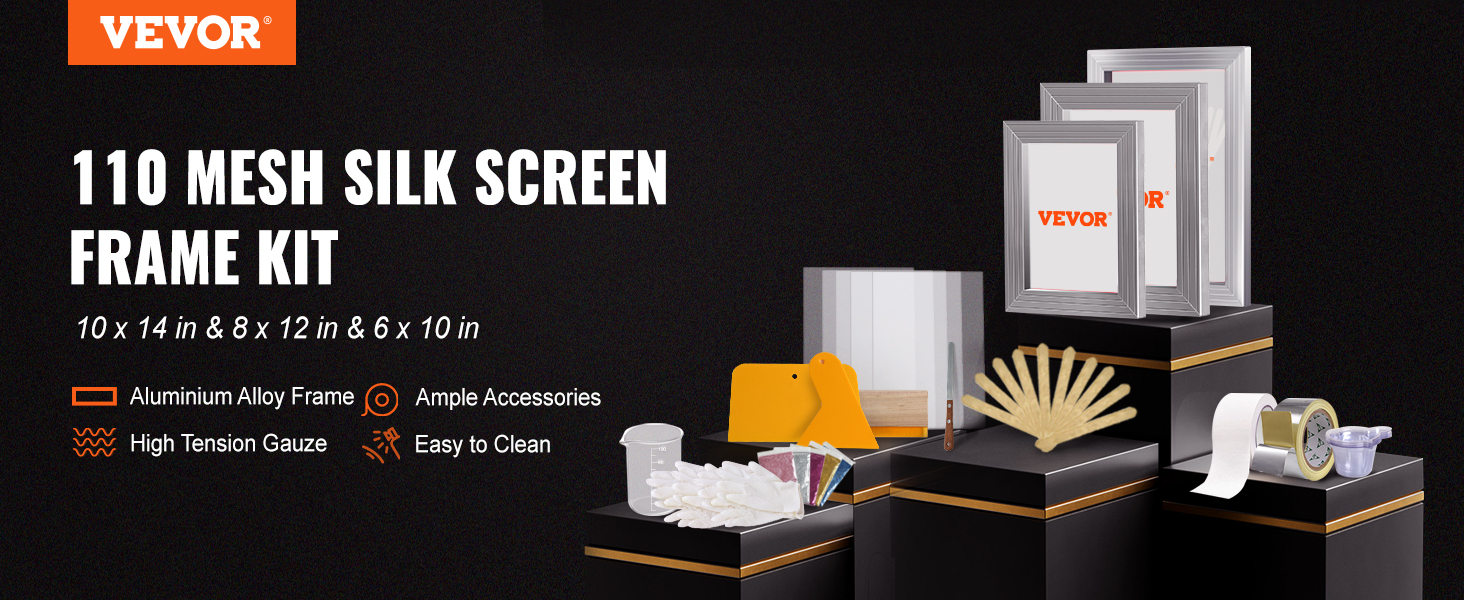 VEVOR screen printing kit with 110 mesh silk screens, aluminum alloy frames, and ample accessories.