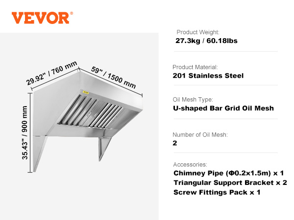 VEVOR commercial exhaust hood, 201 stainless steel, 35.43"x29.92"x59", includes accessories and oil mesh.