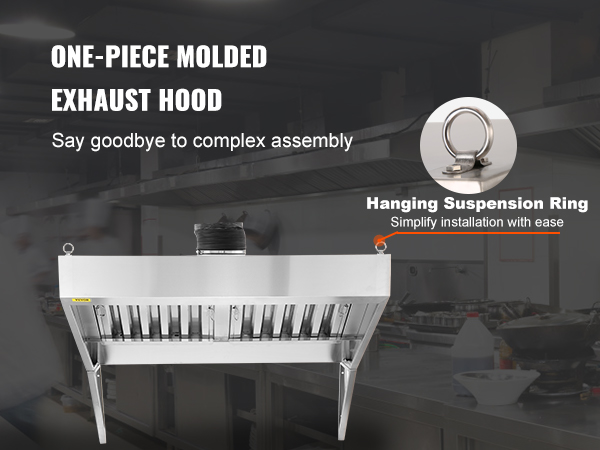 one-piece molded exhaust hood by VEVOR simplifies assembly in a commercial kitchen with hanging suspension ring.