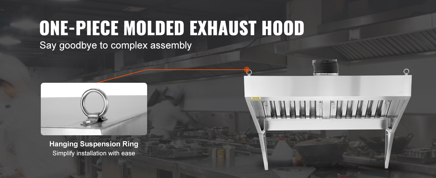 one-piece molded exhaust hood by VEVOR simplifies assembly in a commercial kitchen with hanging suspension ring.