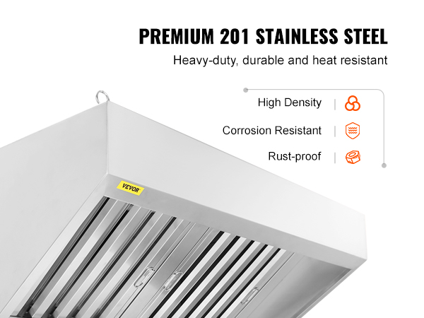 VEVOR commercial exhaust hood, heavy-duty 201 stainless steel, corrosion resistant, rust-proof features.