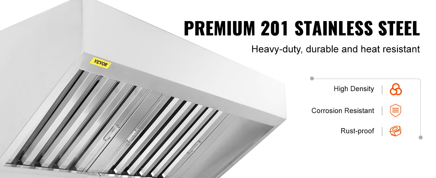VEVOR commercial exhaust hood, heavy-duty 201 stainless steel, corrosion resistant, rust-proof features.