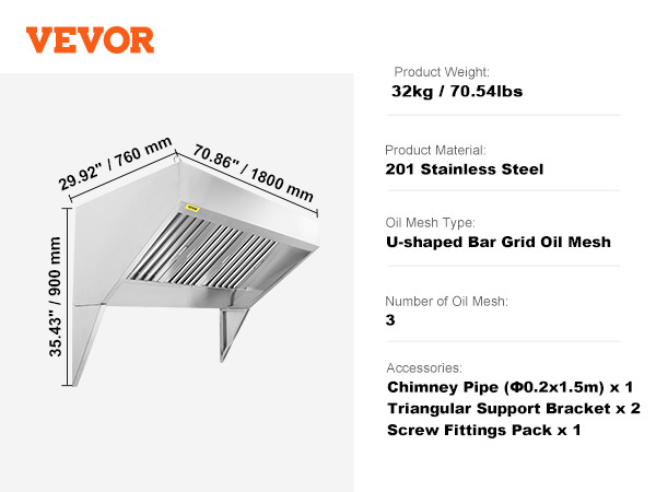 VEVOR commercial exhaust hood, 201 stainless steel, 70.86"x29.92"x35.43", 32kg, includes accessories.