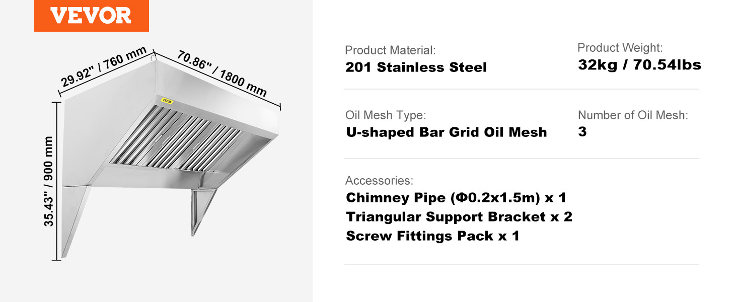 VEVOR commercial exhaust hood, 201 stainless steel, 70.86"x29.92"x35.43", 32kg, includes accessories.