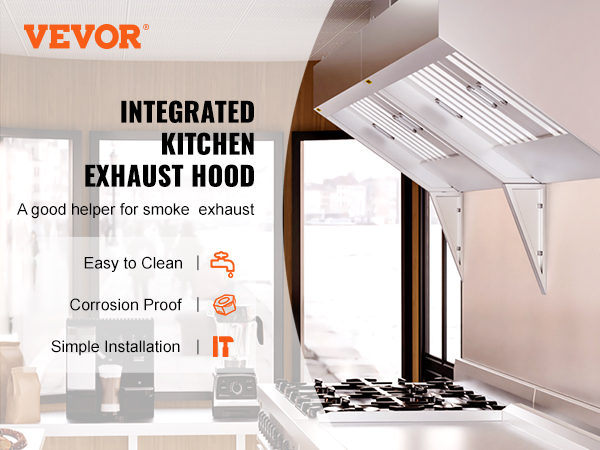 VEVOR integrated kitchen exhaust hood, easy to clean, corrosion-proof, simple installation.