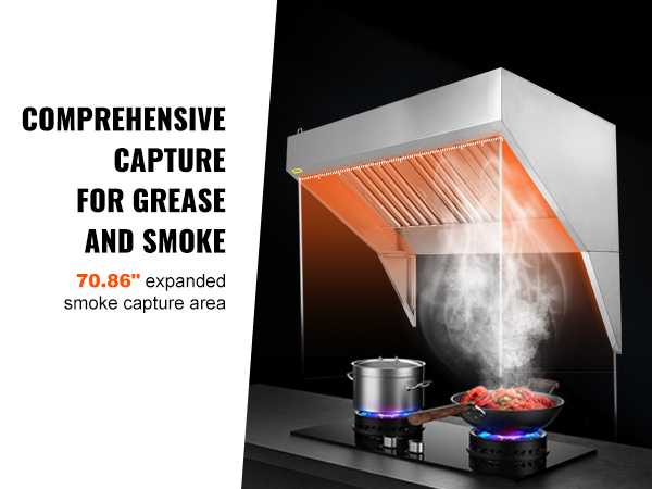 VEVOR commercial exhaust hood, 70.86" expanded smoke capture area for grease and smoke removal.