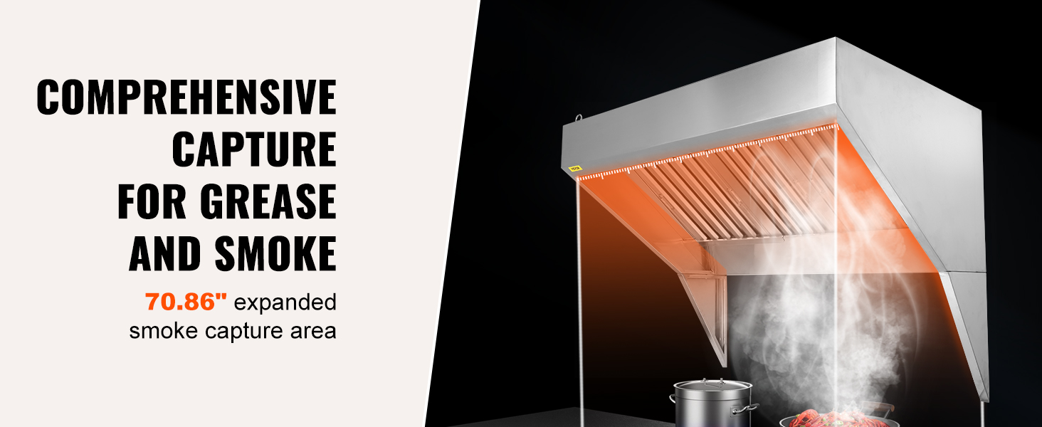 VEVOR commercial exhaust hood, 70.86" expanded smoke capture area for grease and smoke removal.