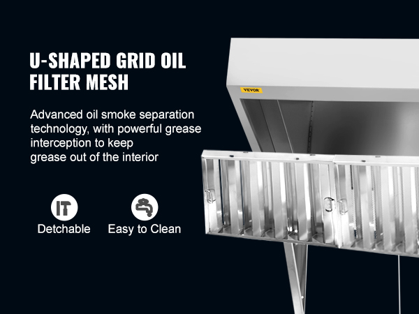 VEVOR commercial exhaust hood with u-shaped grid oil filter mesh, detachable and easy to clean.