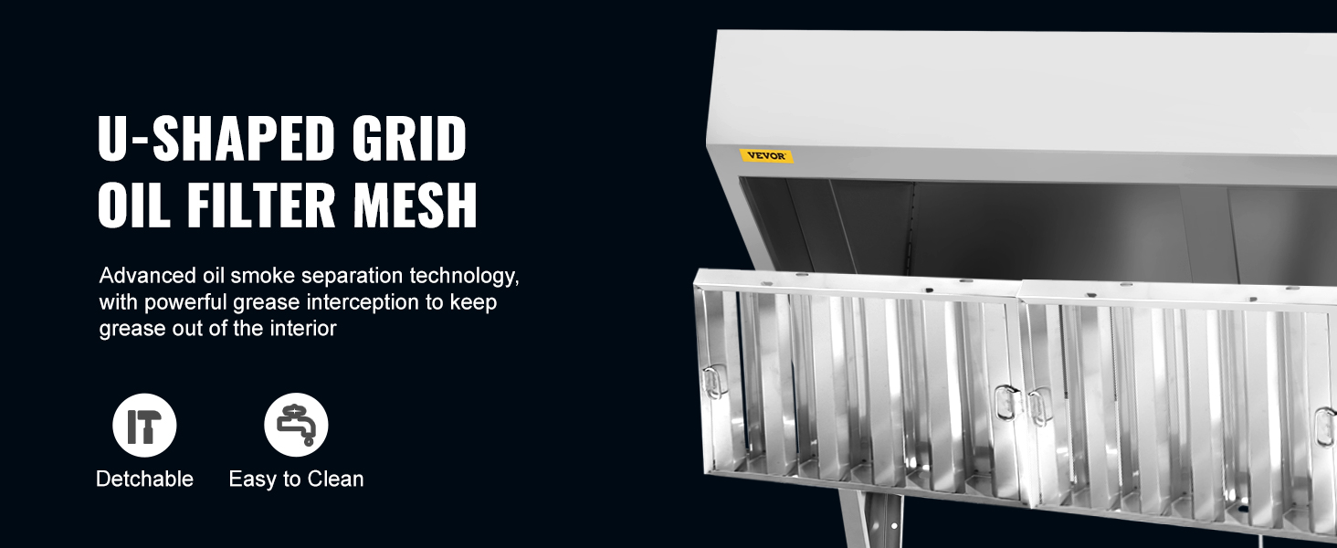 VEVOR commercial exhaust hood with u-shaped grid oil filter mesh, detachable and easy to clean.