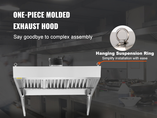VEVOR commercial exhaust hood with hanging suspension ring for easy installation in a professional kitchen.