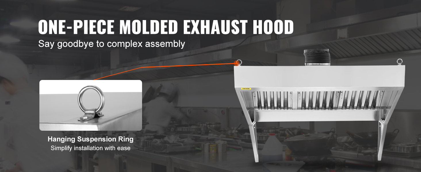 VEVOR commercial exhaust hood with hanging suspension ring for easy installation in a professional kitchen.