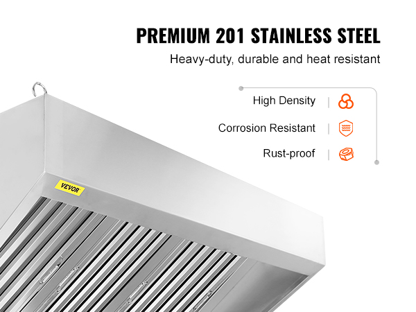 VEVOR commercial exhaust hood in premium 201 stainless steel, heavy-duty, durable, and heat-resistant.