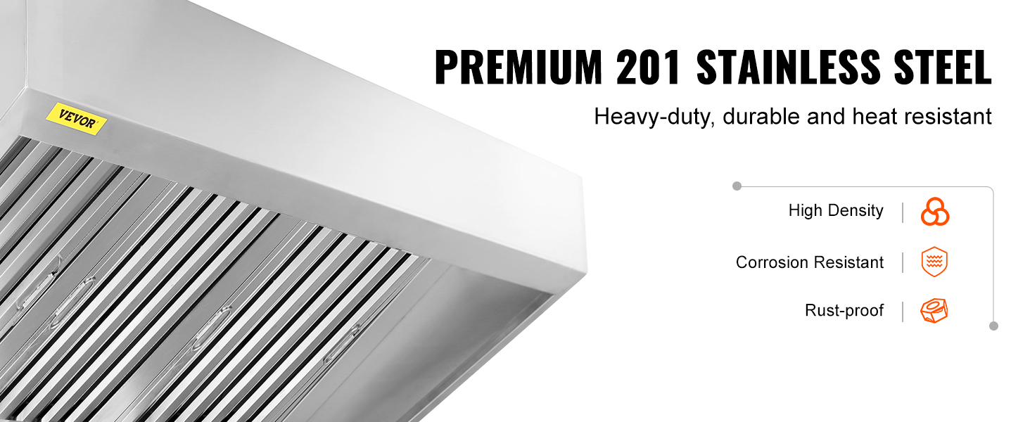 VEVOR commercial exhaust hood in premium 201 stainless steel, heavy-duty, durable, and heat-resistant.