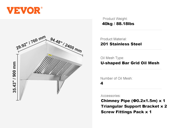 VEVOR commercial exhaust hood 201 stainless steel, 94.48" width, 4 u-shaped bar grid oil mesh.