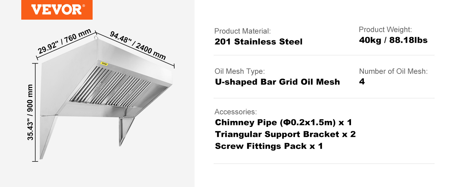 VEVOR commercial exhaust hood 201 stainless steel, 94.48" width, 4 u-shaped bar grid oil mesh.
