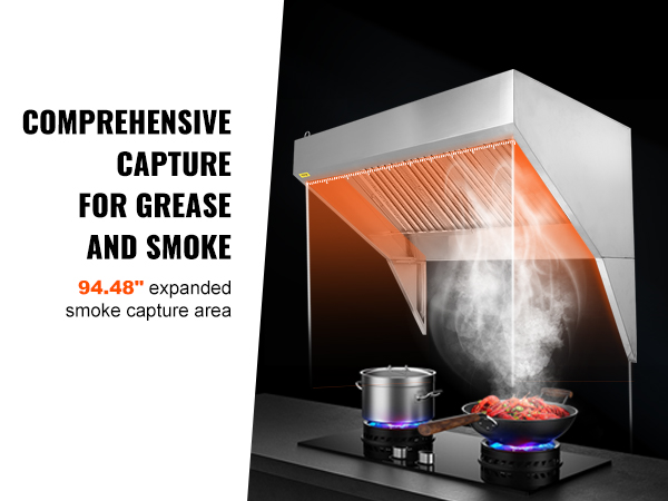 VEVOR commercial exhaust hood, 94.48" expanded smoke capture area, comprehensive grease and smoke control.