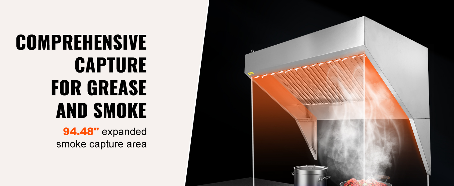 VEVOR commercial exhaust hood, 94.48" expanded smoke capture area, comprehensive grease and smoke control.