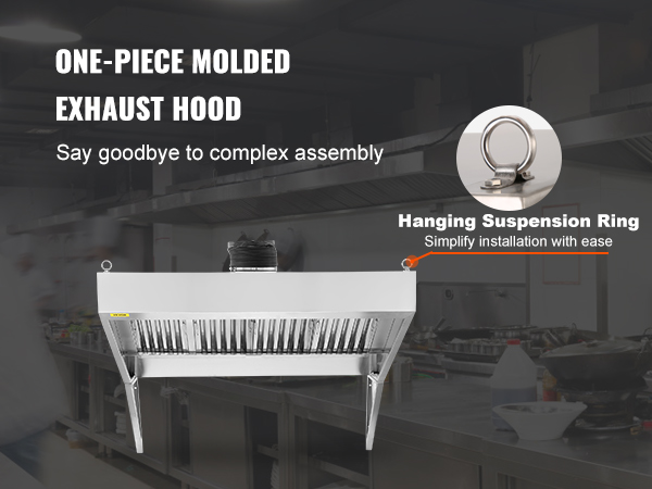 one-piece VEVOR commercial exhaust hood with hanging suspension ring in a professional kitchen.