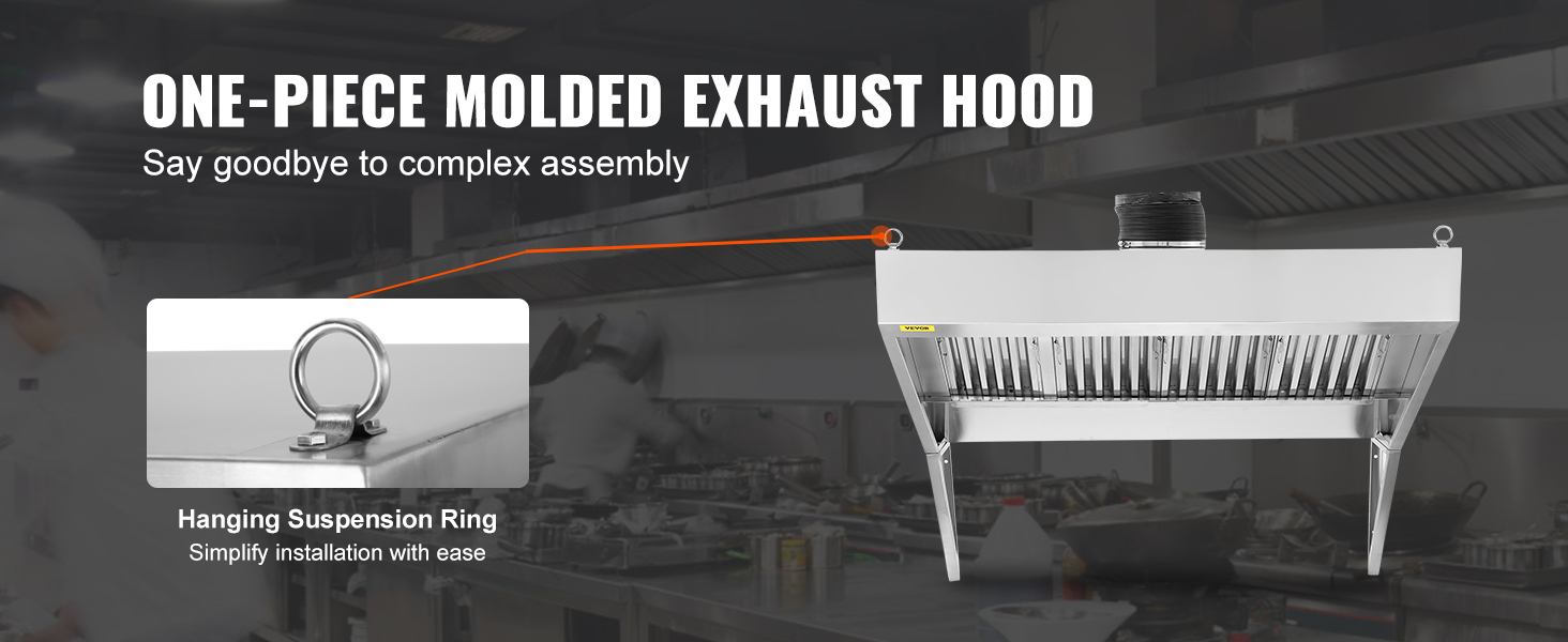 one-piece VEVOR commercial exhaust hood with hanging suspension ring in a professional kitchen.