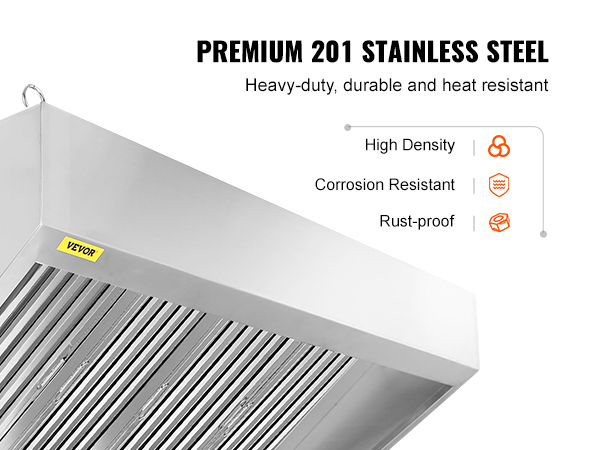 VEVOR commercial exhaust hood made of premium 201 stainless steel, heavy-duty, durable, and heat resistant.