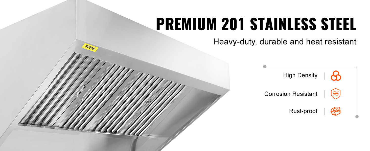 VEVOR commercial exhaust hood made of premium 201 stainless steel, heavy-duty, durable, and heat resistant.