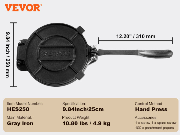 VEVOR tortilla press hes250, 9.84 inch gray iron, hand press, 10.80 lbs, with screw and parchment papers.
