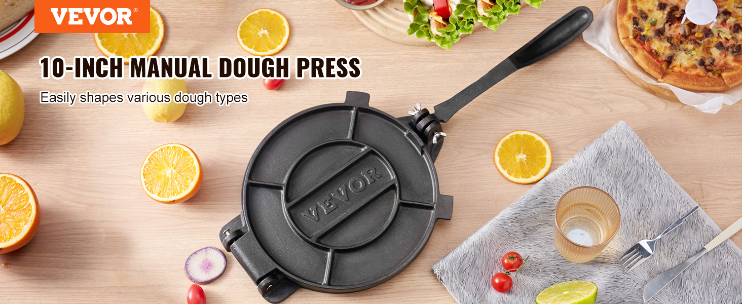 VEVOR tortilla press with handle on wooden table, surrounded by fresh fruits, vegetables, and pizza.