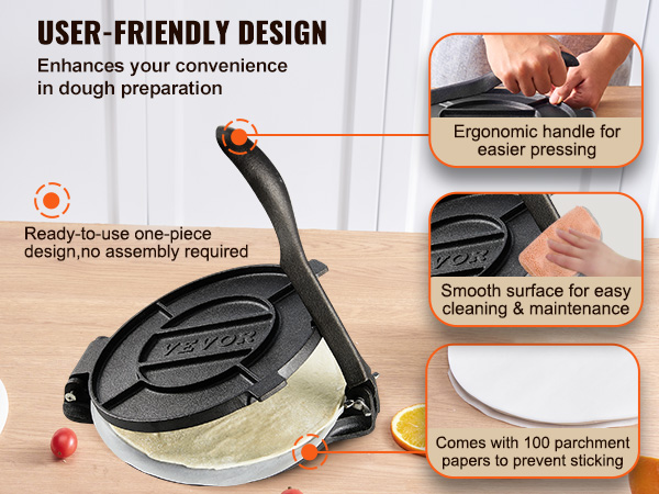 VEVOR tortilla press with ergonomic handle, smooth surface, and included parchment papers for convenience.