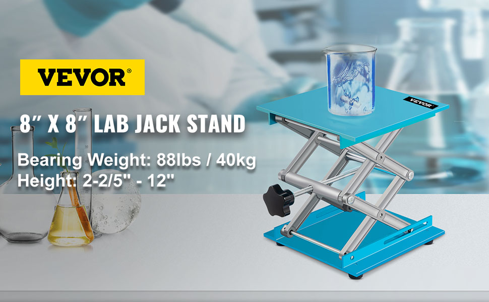 VEVOR lab jack stand with beaker, 88 lbs capacity, height 2.4"-12", 8"x8" platform.