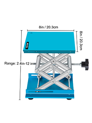 VEVOR lab jack stand, 8-inch adjustable height, 2.4-12 inch range, blue platform.
