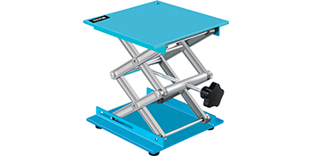 blue VEVOR lab jack stand with adjustable platform and stainless steel frame.